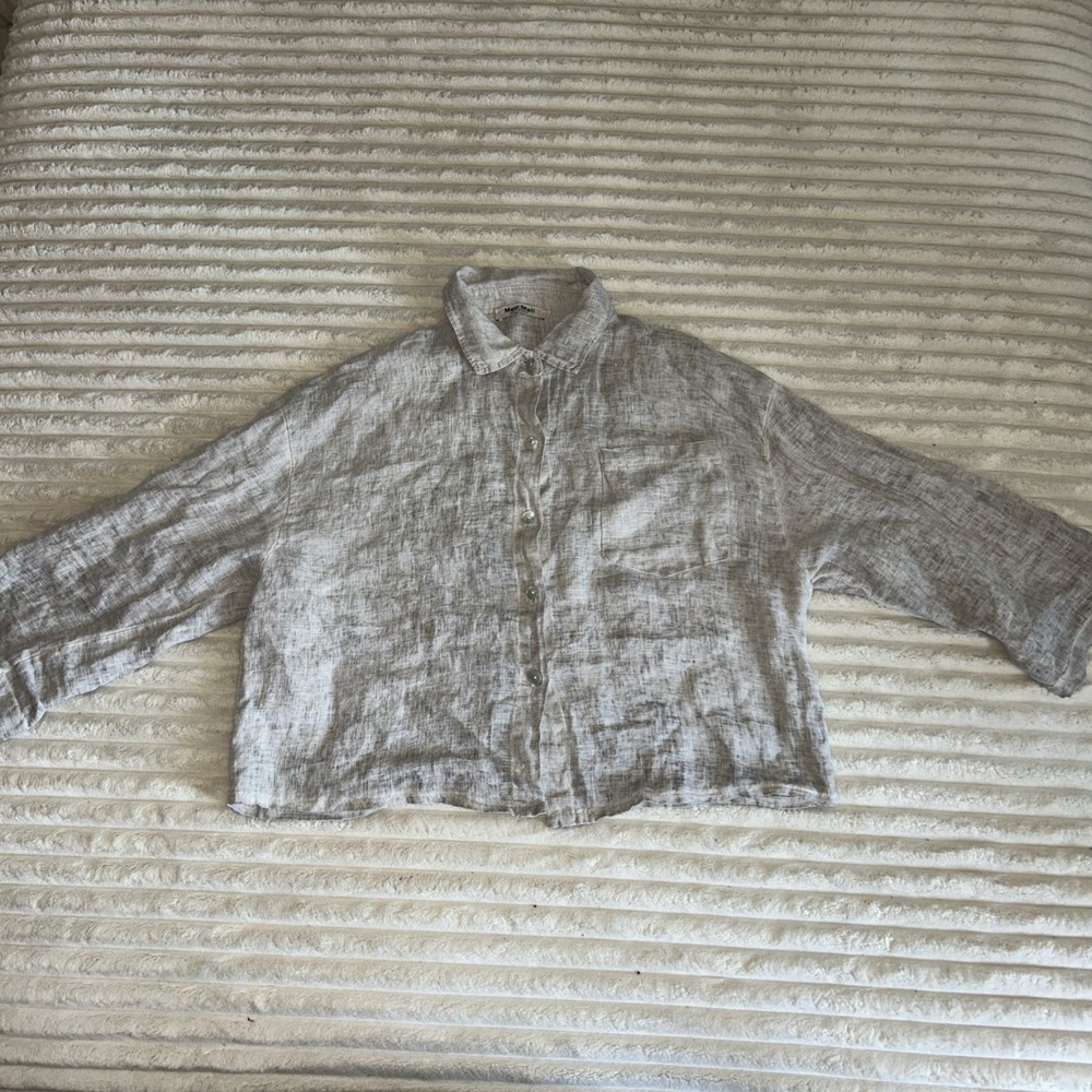 Meo Meli Shirt OS Womens Gray Beige Oatmeal Long Sleeve 100% Linen Button